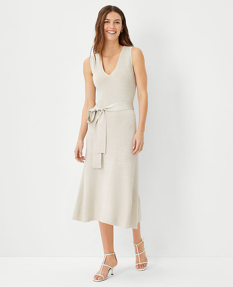 Shimmer Belted V-Neck Sweater Dress