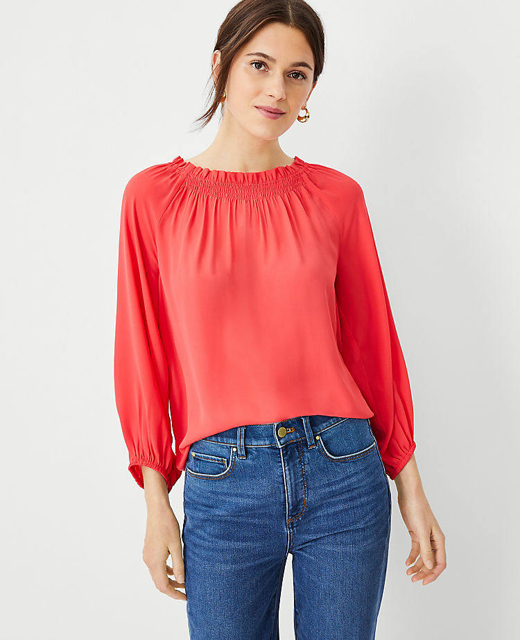 Mixed Media Smocked Neck Top