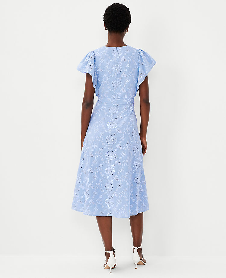 Eyelet Flutter Sleeve Belted Midi Dress