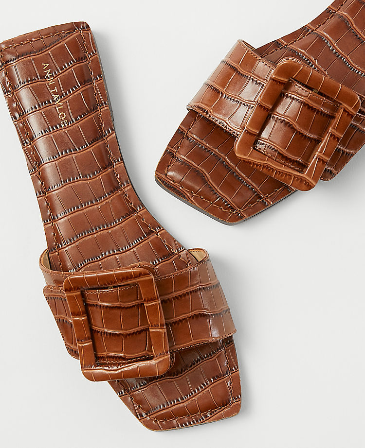 Embossed Leather Buckle Slide Sandals