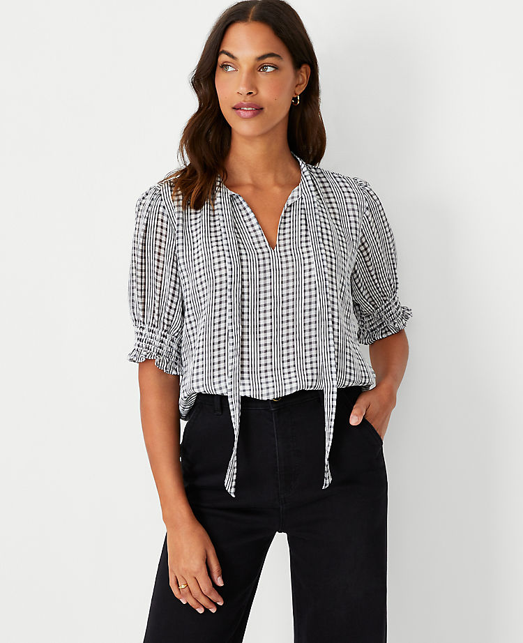 Plaid Tie Neck Puff Sleeve Top
