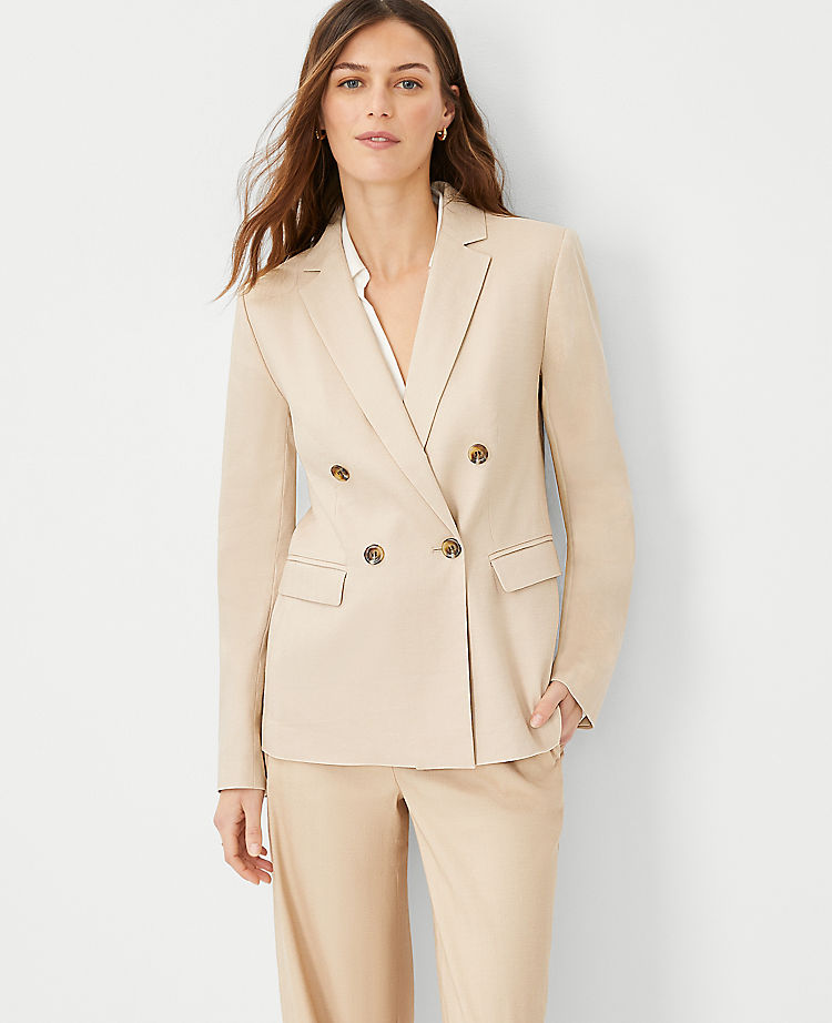 The Long Double Breasted Blazer in HerRingbone Linen Blend