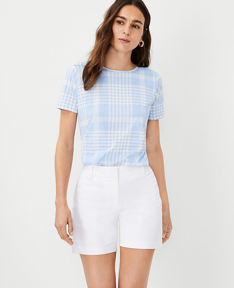 Plaid Pima Cotton Crew Neck Top
