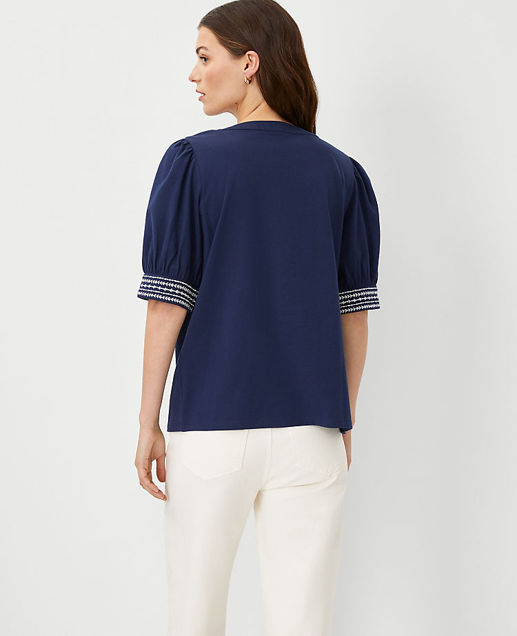 Embroidered Puff Sleeve Pima Cotton Top