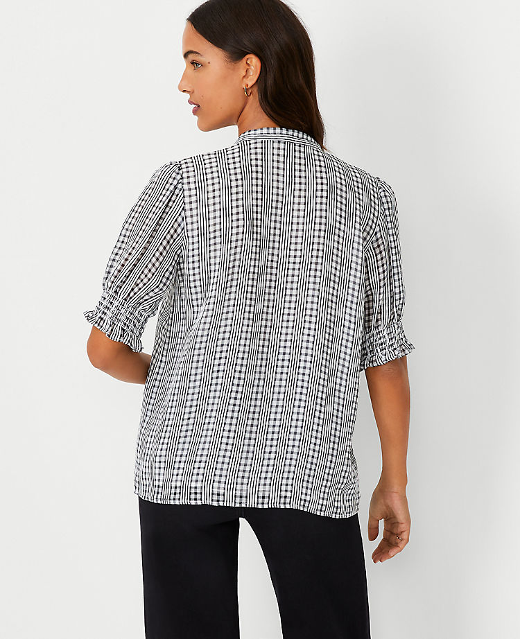 Plaid Tie Neck Puff Sleeve Top