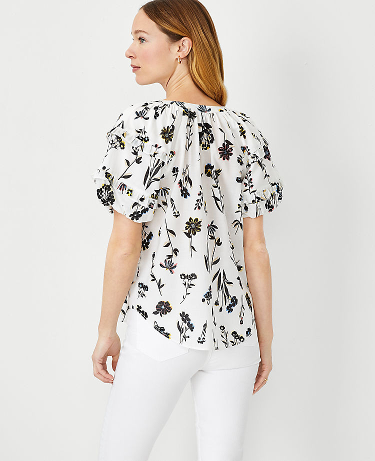 Floral Split Neck Ruffle Sleeve Top