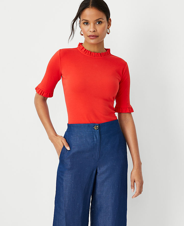 Ruffle Neck Elbow Sleeve Top