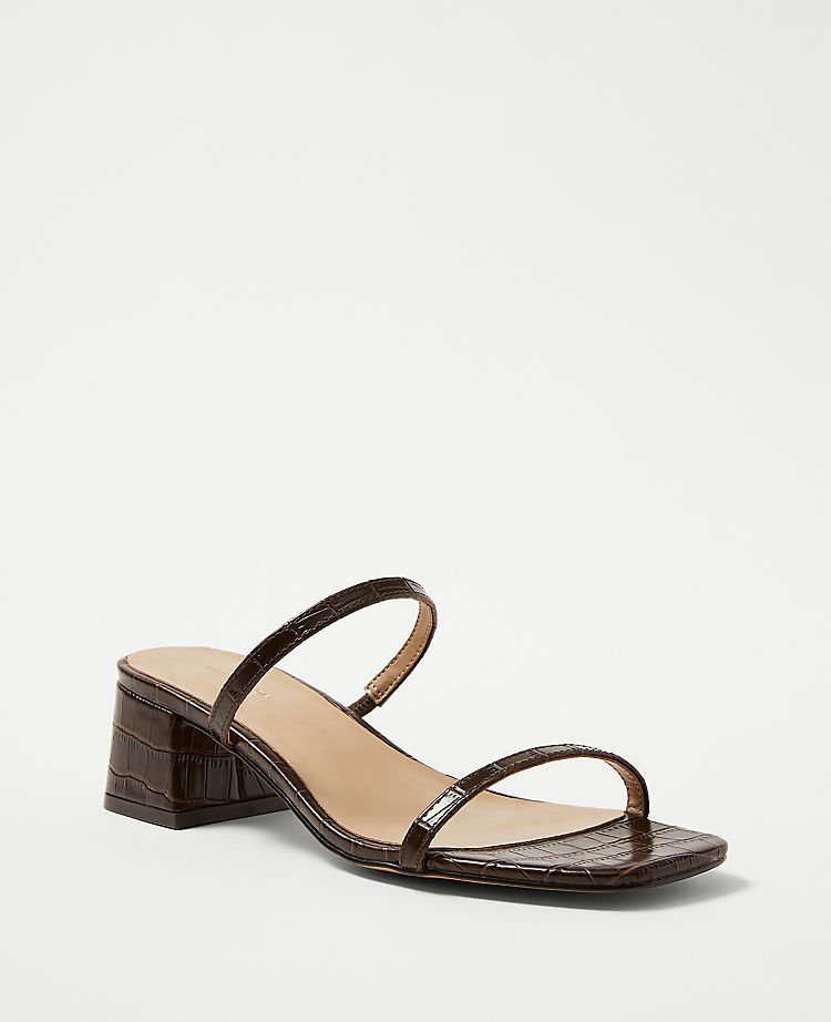 Embossed Leather Two Strap Block Heel Sandals
