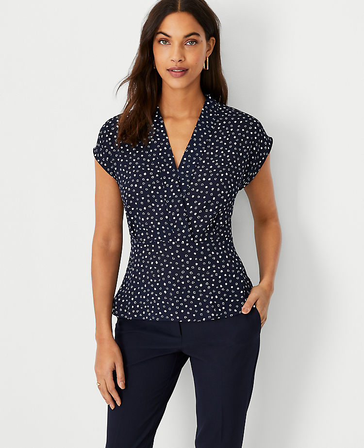 Spotted Shawl Collar Mixed Media Peplum Top