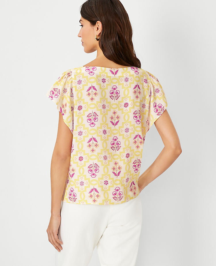 Tile Print Flutter Sleeve Square Neck Top