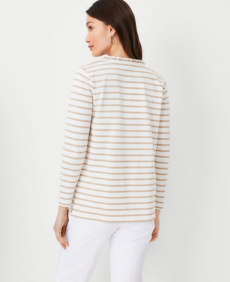 Striped Ruffle Neck Button Top