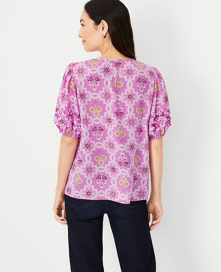 Tile Print Mini Ruffle Sleeve Top