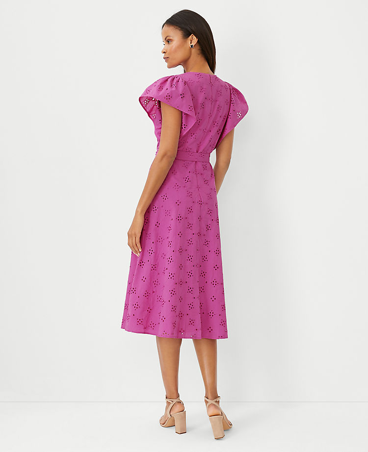 Eyelet Flutter Sleeve Midi Dress