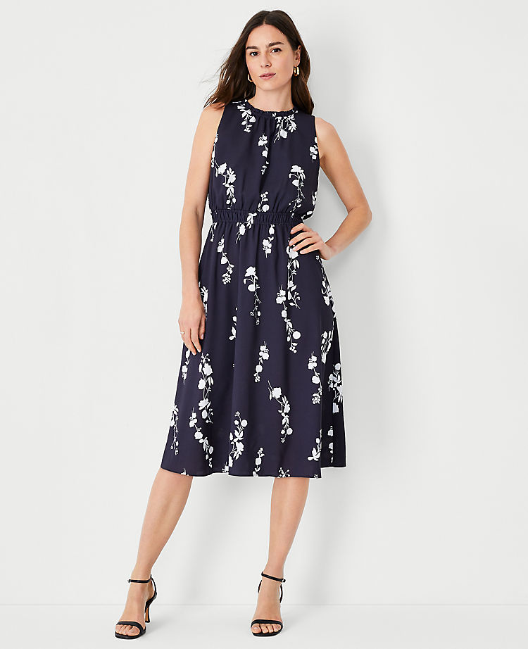 Floral Gathered Sleeveless Flare Dress