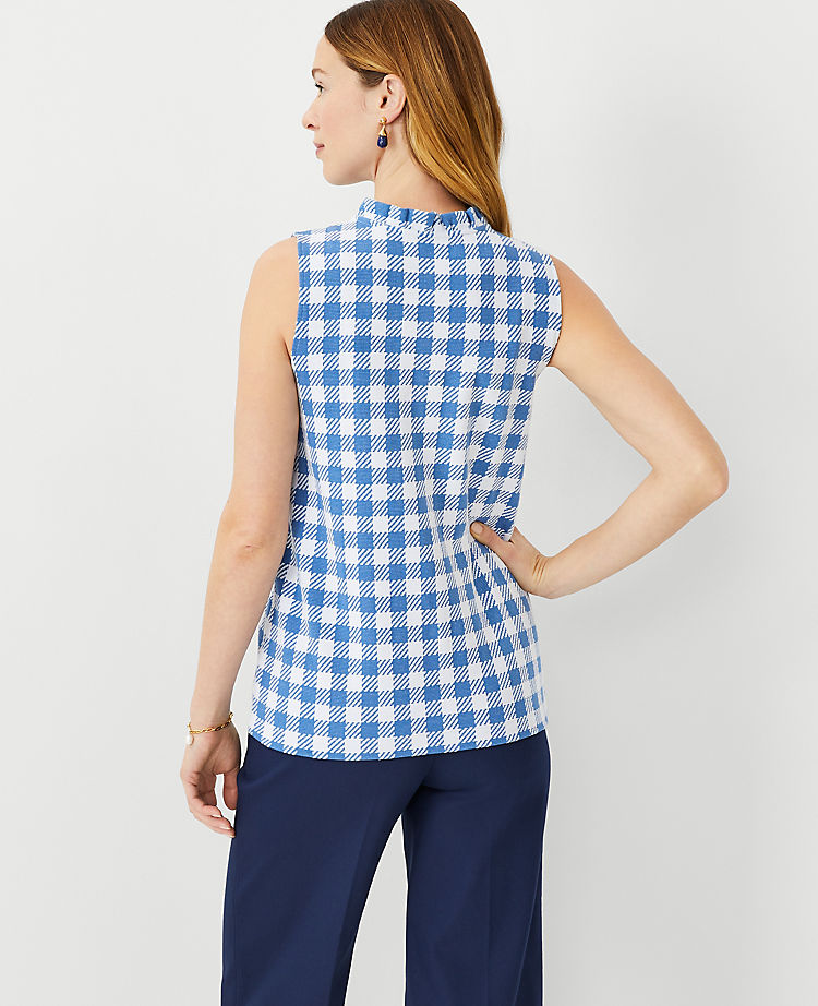 Plaid Ruffle Neck Button Shell