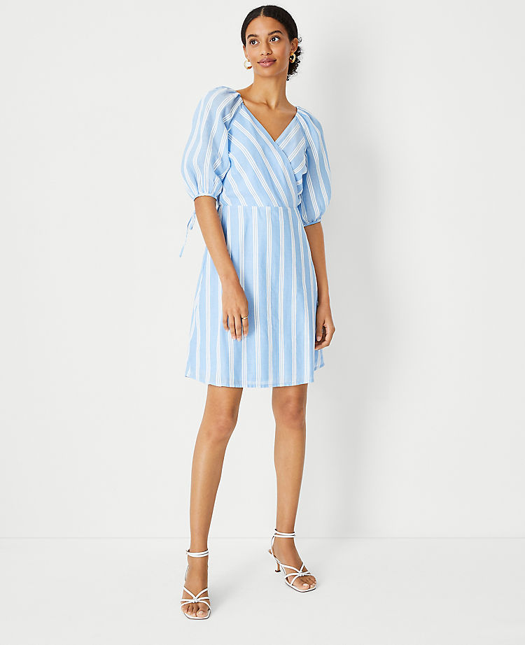 Striped Puff Sleeve Wrap Dress