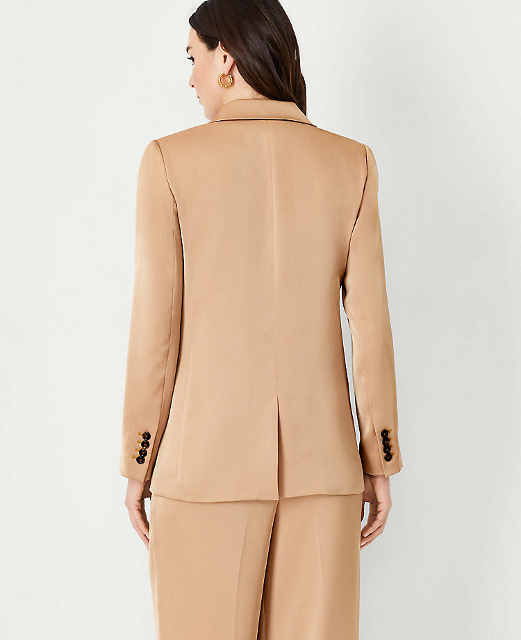 The Relaxed Double Breasted Long Blazer in Satin
