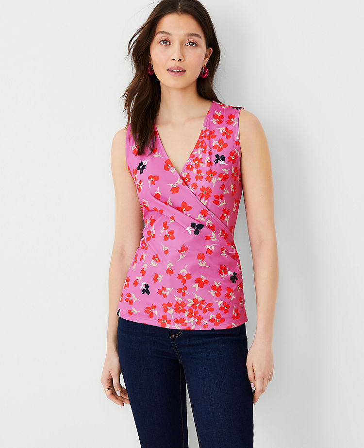Floral Refined Stretch Sleeveless Wrap Top