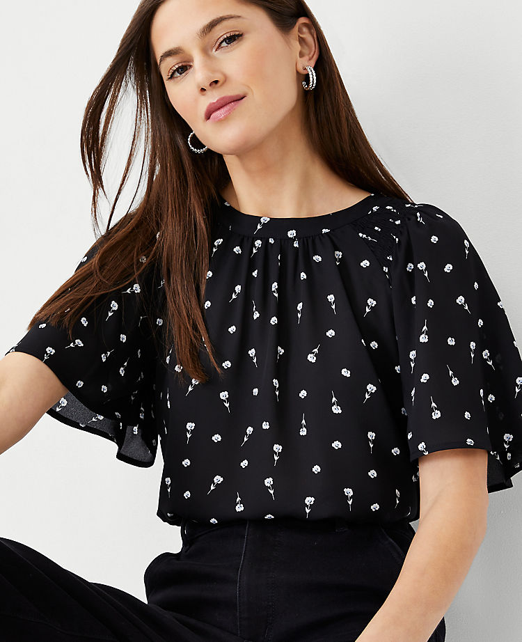 Floral Mixed Media Smocked Neck Top