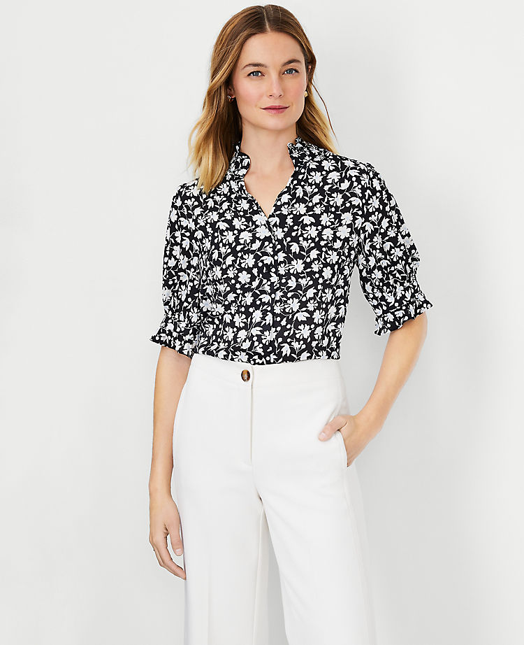 Floral Ruffle Button Top