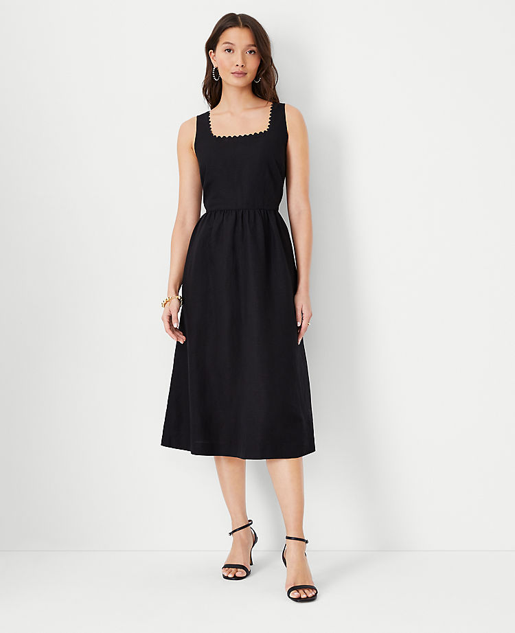 Scalloped Linen Blend Flare Dress