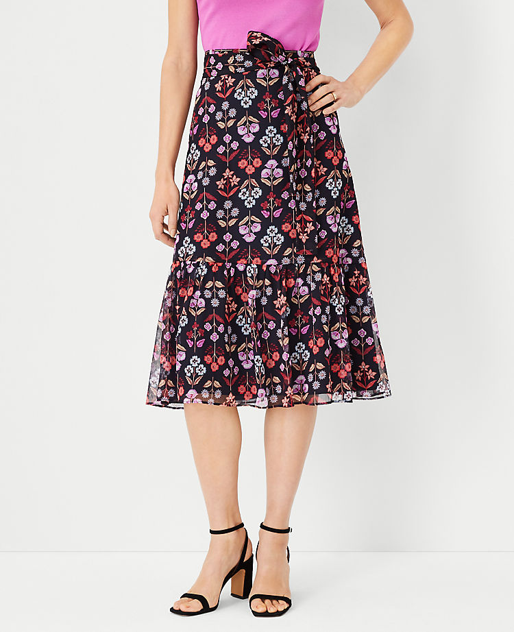Floral Tie Waist Flounce Midi Skirt