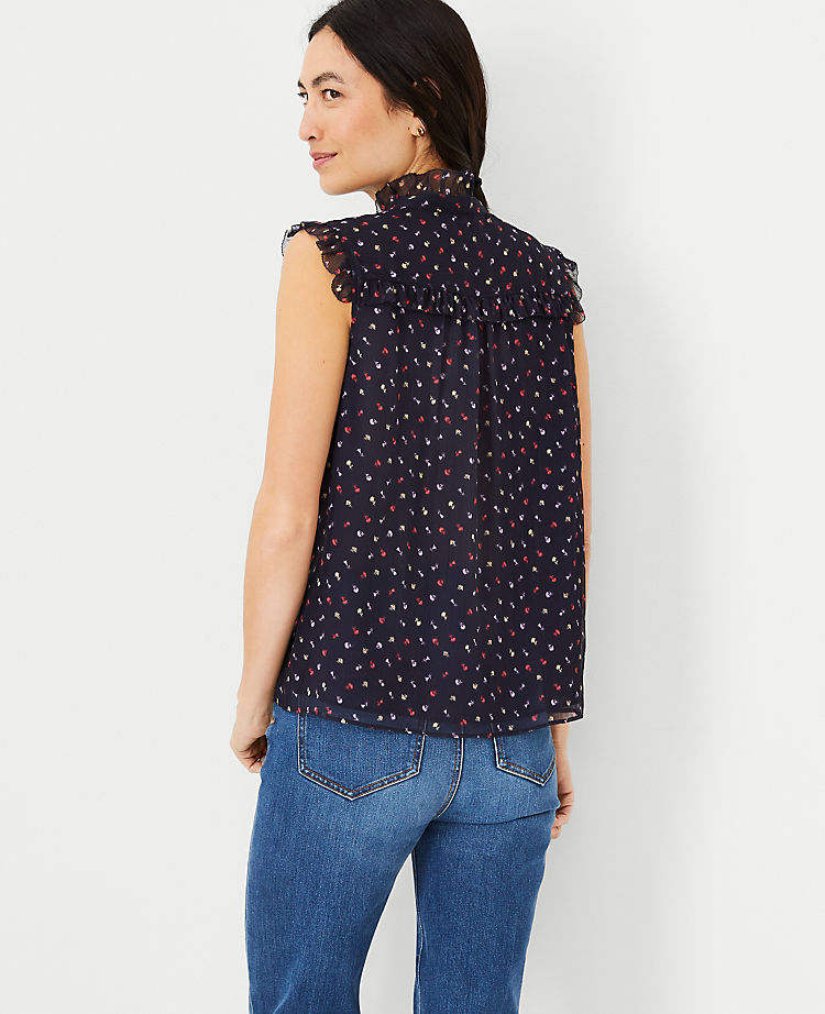 Floral Ruffle Yoke Tie Neck Top
