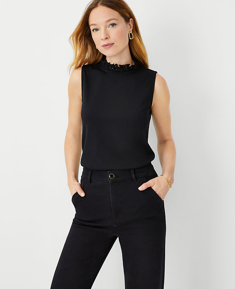Eyelet Ruffle Mock Neck Shell
