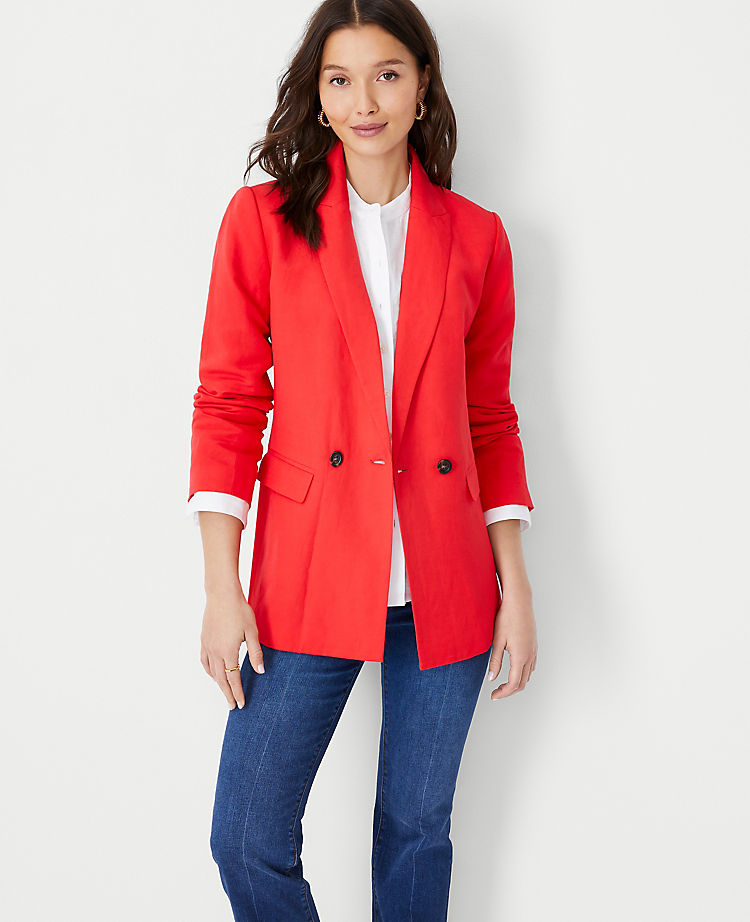 The Relaxed Double Breasted Long Blazer in Linen Blend