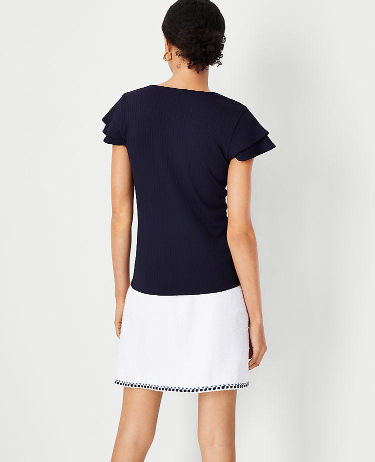 Ribbed V-Neck Flutter Sleeve Top