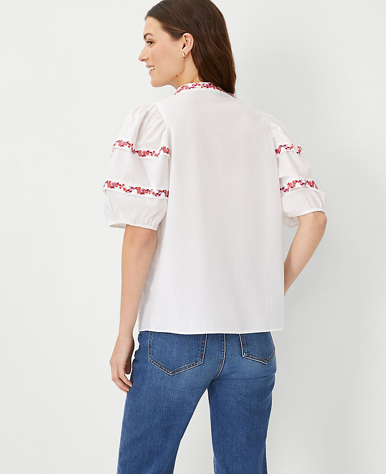 Floral Embroidered Pintucked Sleeve Popover
