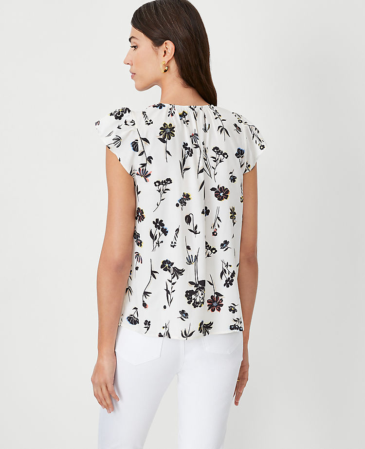 Floral Split Neck Ruffle Sleeve Top