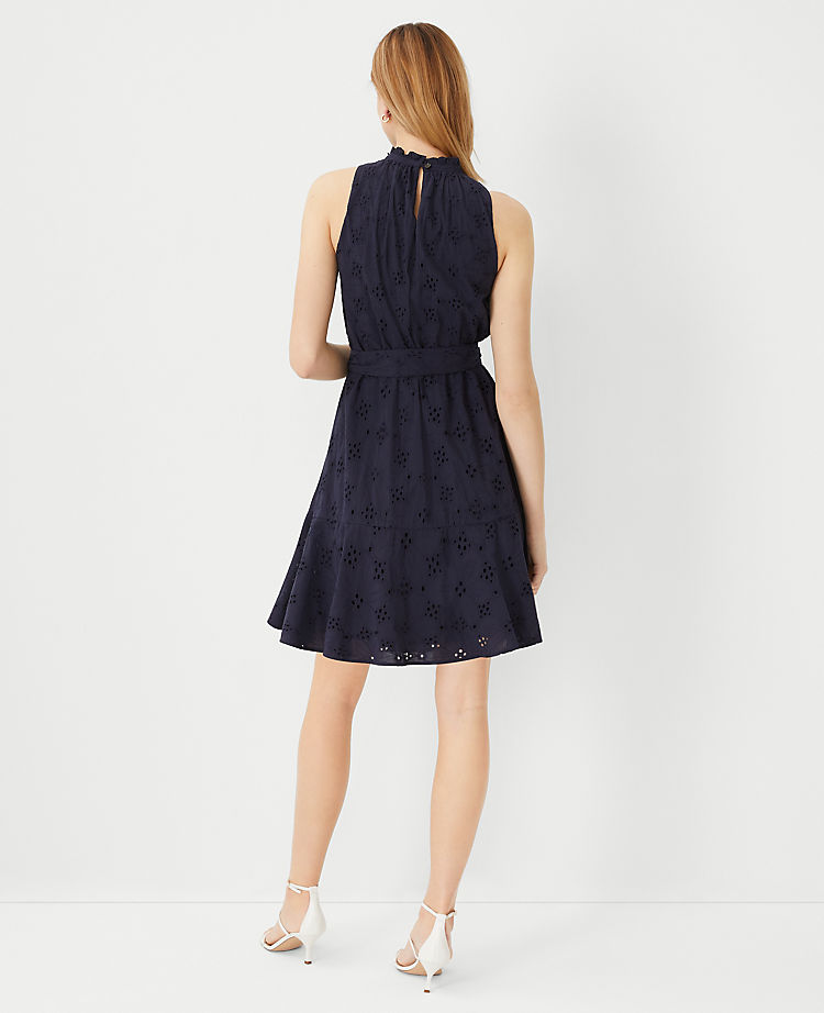Eyelet Mock Neck Belted Flare Dress