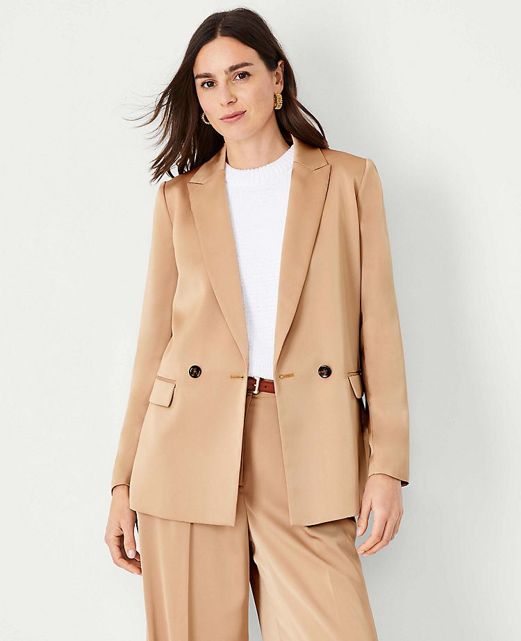 The Relaxed Double Breasted Long Blazer in Satin