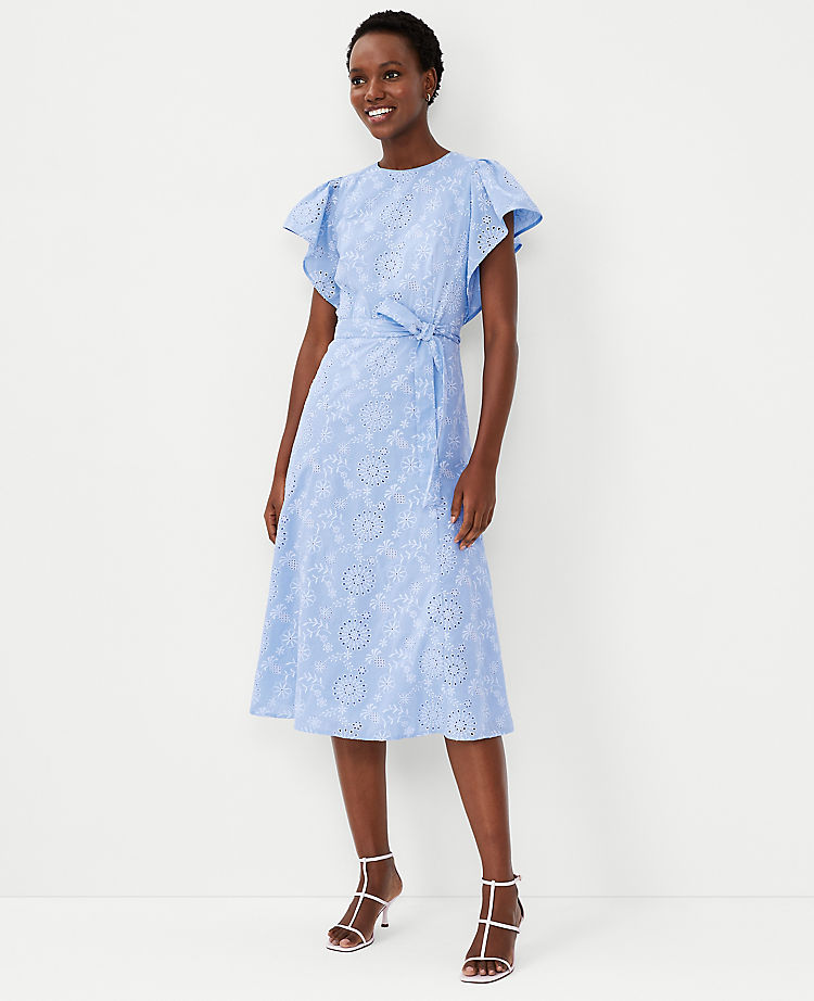 Eyelet Flutter Sleeve Belted Midi Dress