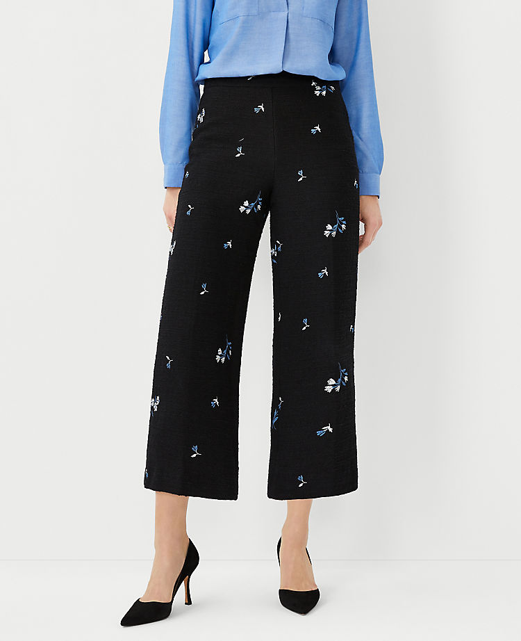 The Kate Side Zip Wide Leg Crop Pant in Floral Embroidered Tweed