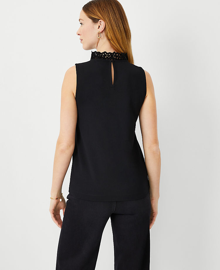 Eyelet Ruffle Mock Neck Shell