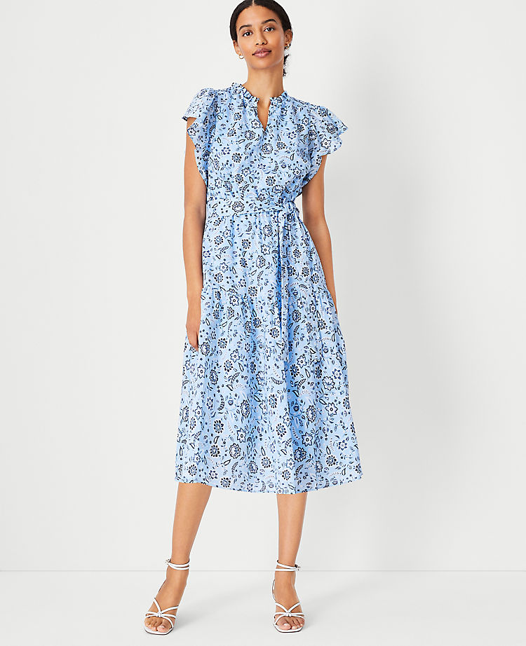 Floral Flutter Sleeve Belted Flare Dress