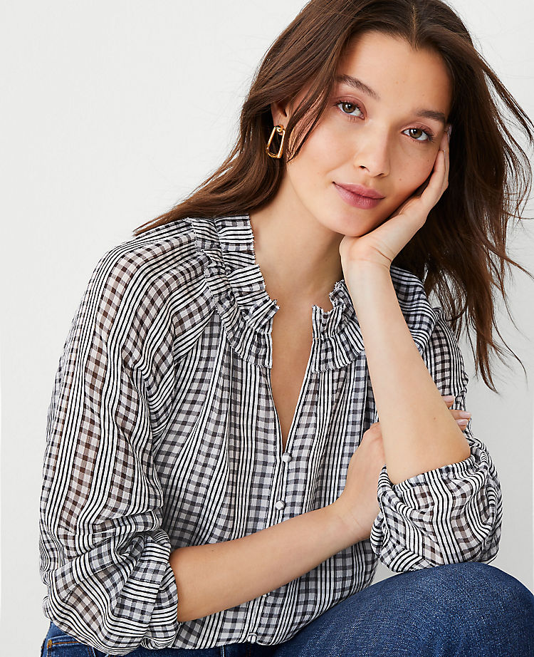 Plaid Ruffled Raglan Sleeve Top