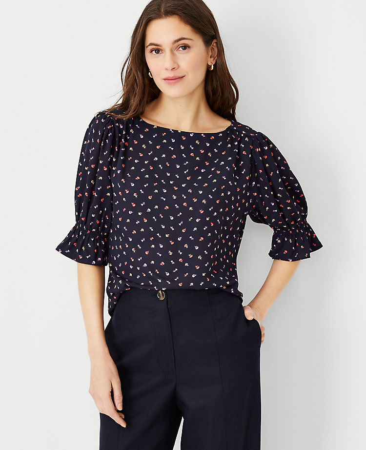 Mixed Media Puff Sleeve Ruffle Top