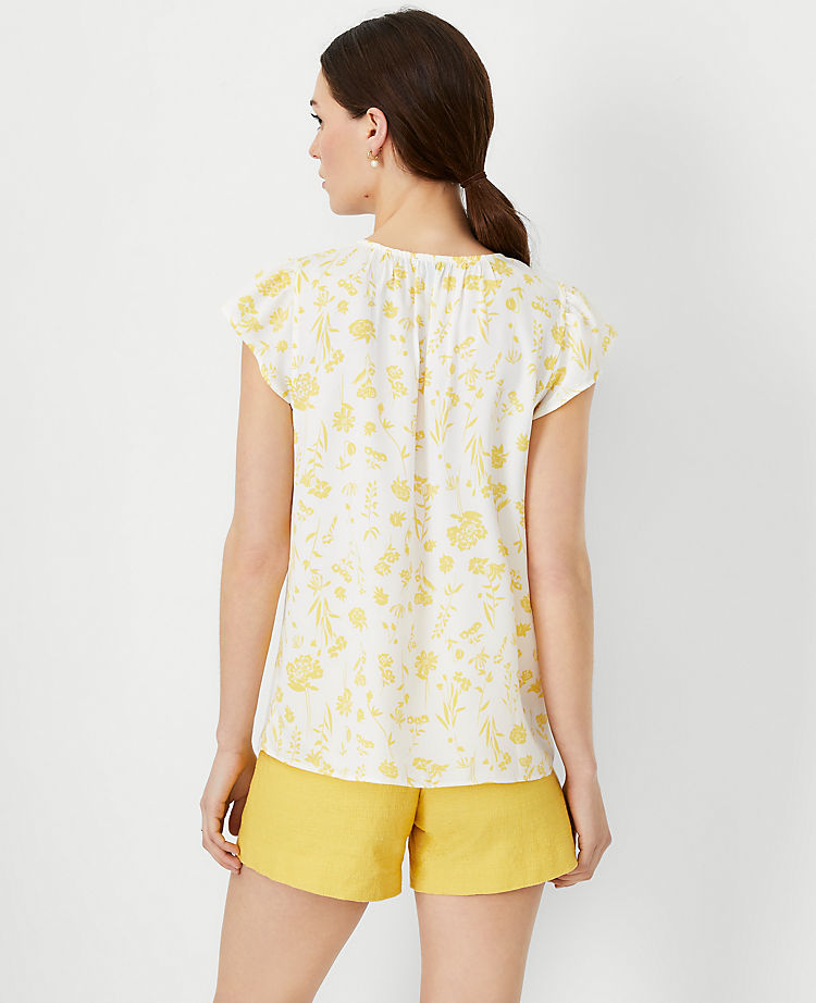 Floral Split Neck Ruffle Sleeve Top