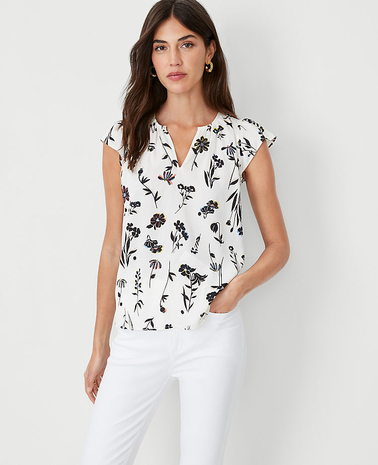 Floral Split Neck Ruffle Sleeve Top