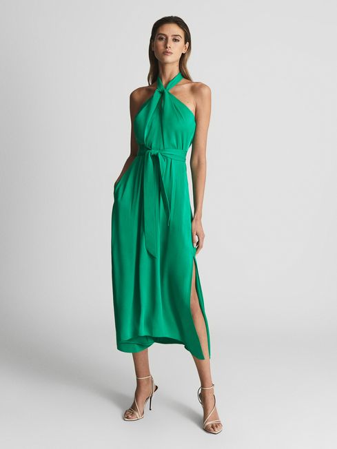 Evvie Tie Waist Halterneck Midi Dress