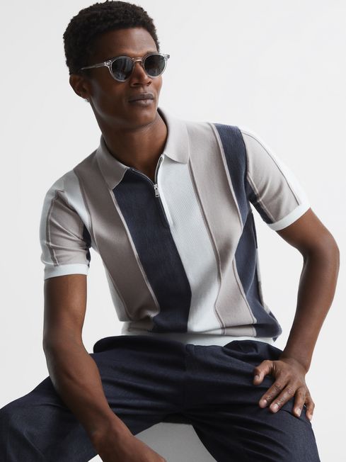 Herald Half Zip Textured Stripe Polo T-Shirt