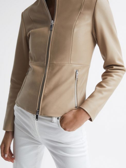 Ania Leather Zip Front Biker Jacket