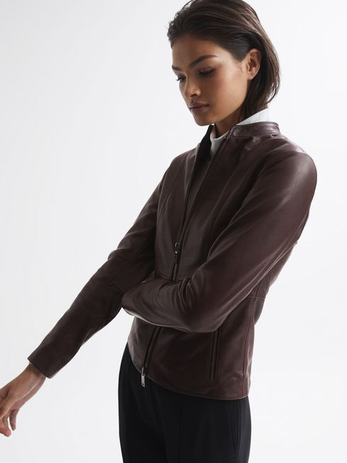 Ania Leather Zip Front Biker Jacket