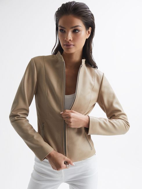 Ania Leather Zip Front Biker Jacket
