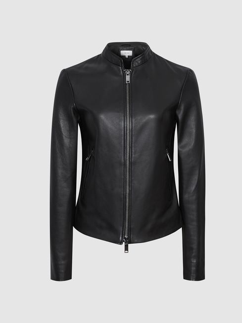 Allie Leather Collarless Biker Jacket