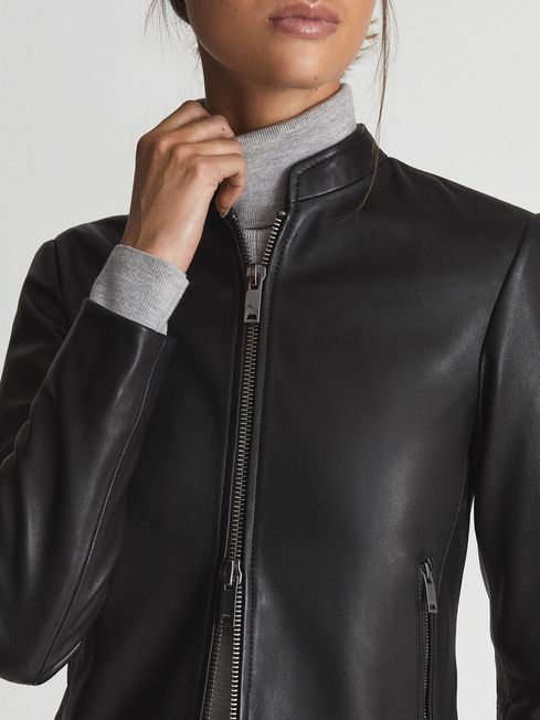 Allie Leather Collarless Biker Jacket