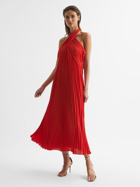 Roya Halter Neck Pleat Midi Dress